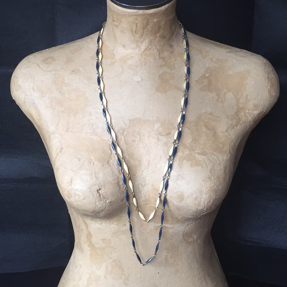 Vintage Fashion Navy & Cream Long Necklace Strands